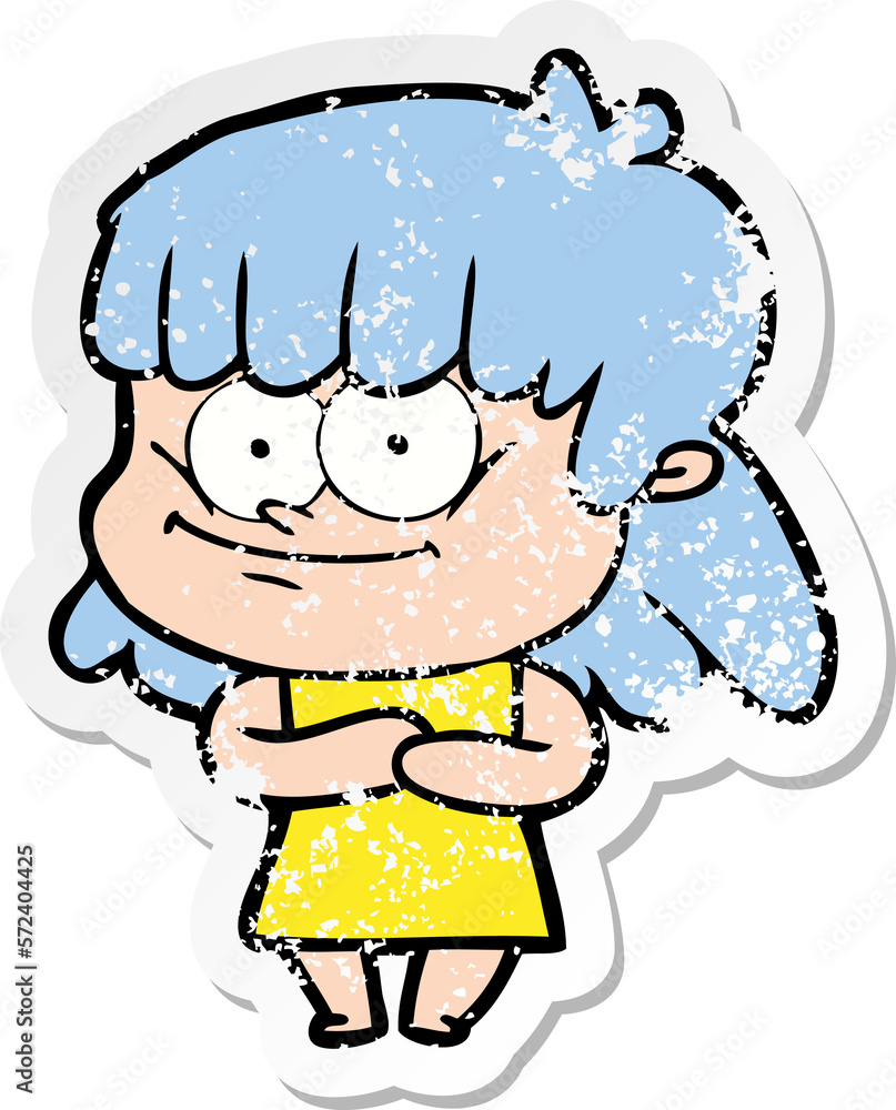 distressed sticker of a cartoon smiling woman distressed sticker of a cartoon smiling woman