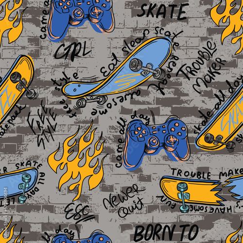 skateboard pattern. Seamless bright abstract pattern with skateboard. Prints for T-shirts, textiles, clothes, sports, and more