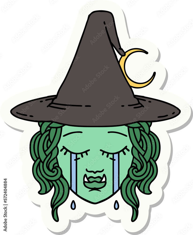 crying half orc witch character face sticker