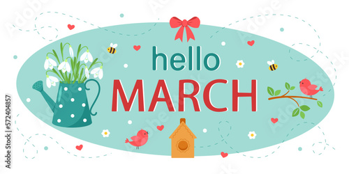 Hello March. Greeting card with a spring theme. Cute birds on a branch and bees with flowers. March month with flowers and leaves. Design for printing a calendar, postcard, banner. Vector