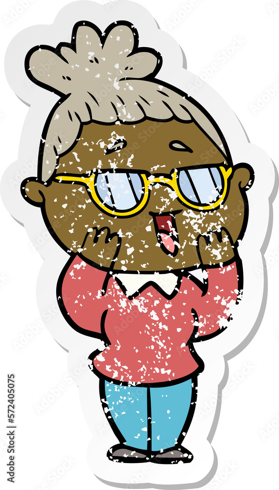 distressed sticker of a cartoon happy woman wearing spectacles distressed sticker of a cartoon happy woman wearing spectacles
