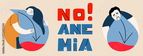 Concept banner no anemia. Man and woman with low blood sugar, symptoms of prediabetes. Vector illustration in flat style