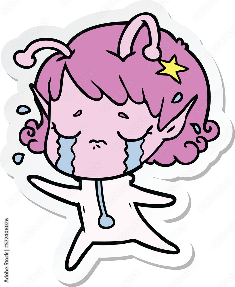 sticker of a cartoon crying alien girl sticker of a cartoon crying alien girl