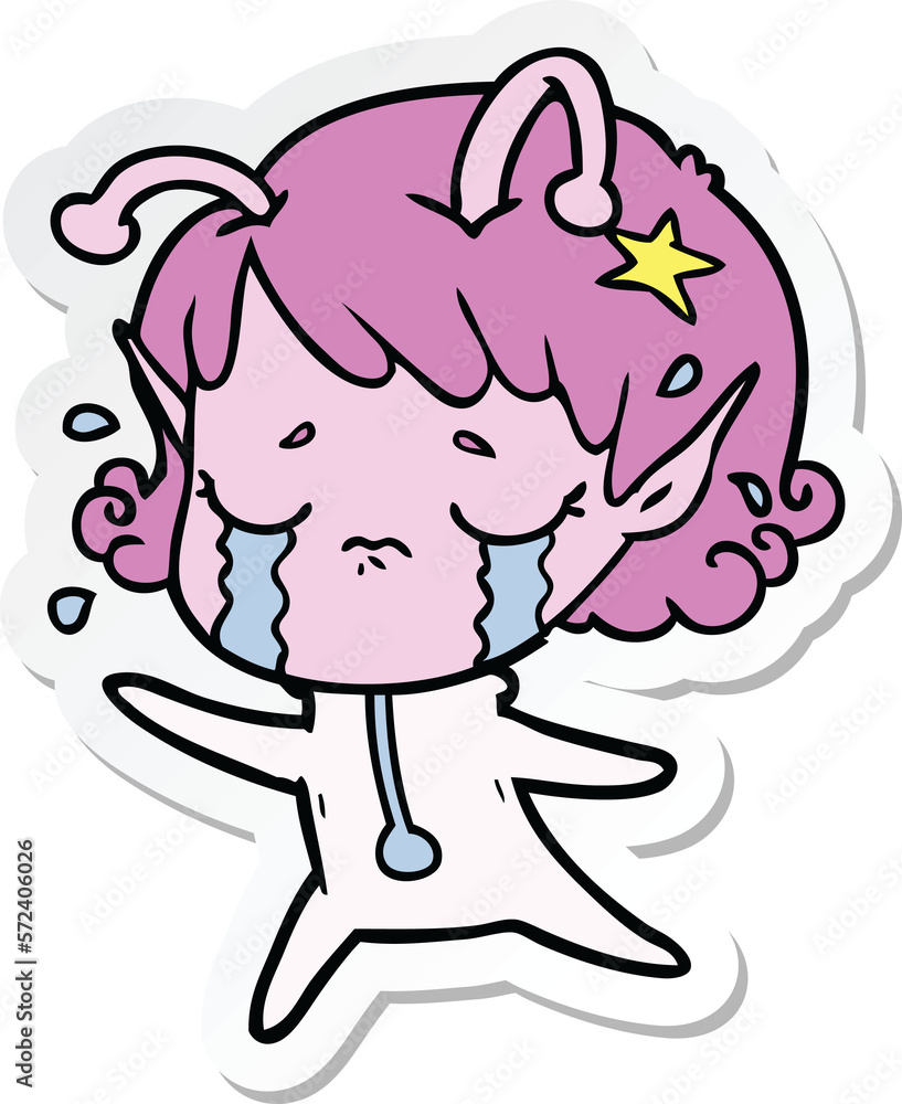 sticker of a cartoon crying alien girl