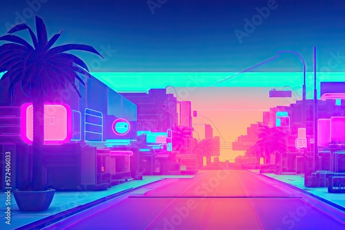 Retro futuristic synthwave retrowave styled night cityscape with sunset on background. Cover for retro wave music. Generative AI