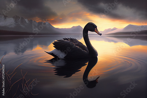 Black swan on calm lake at dawn. generative AI