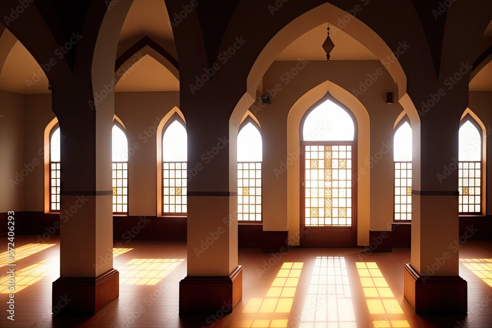 Islamic background painting. Mosque and shadows. Light rays from mosque window or door. Prayer's vision, generative ai. Muslim art. Islamic background painting. Mosque and shadows. Light rays from mosque window or door. Prayer's vision, generative ai. Muslim art.