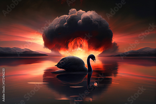 Fototapeta Naklejka Na Ścianę i Meble -  Black swan, in background nuclear explosion. generative AI
