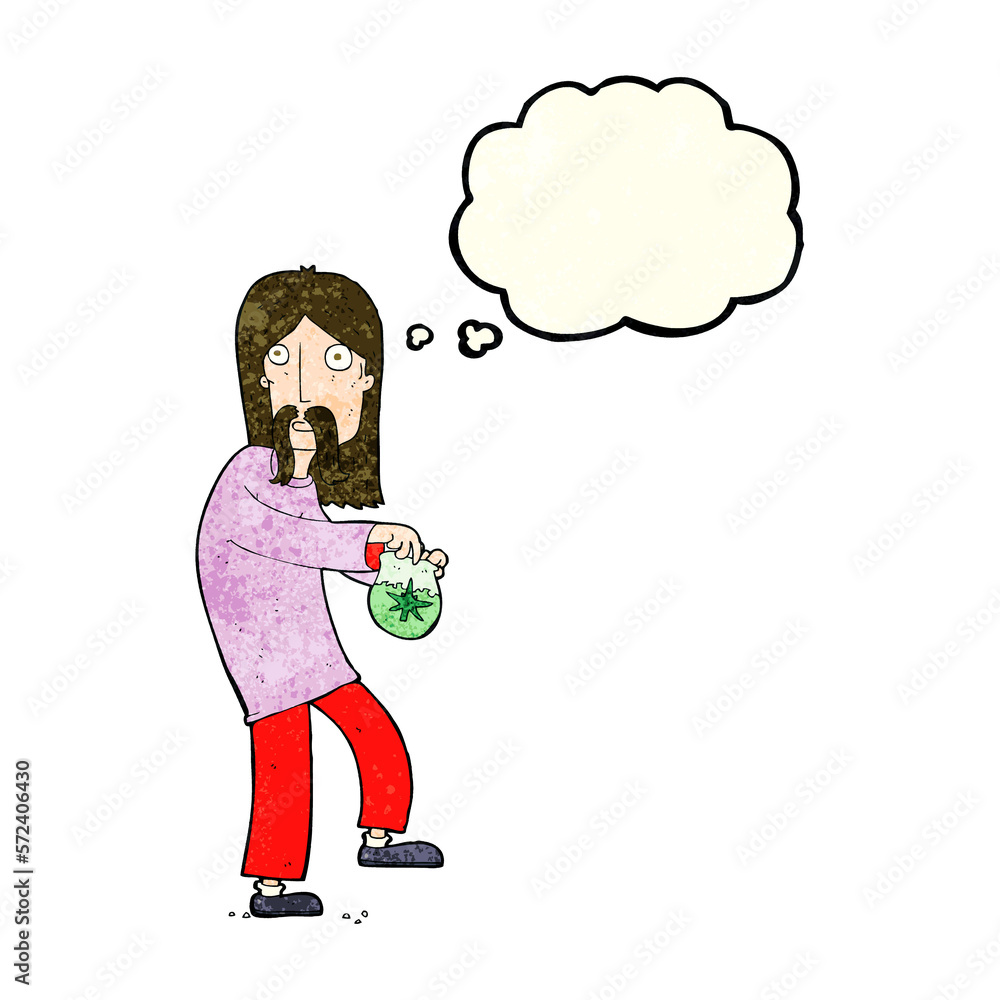cartoon hippie man with bag of weed with thought bubble cartoon hippie man with bag of weed with thought bubble