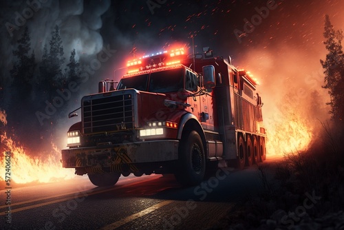 A red fire engine truck races through the night. Realistic generated AI