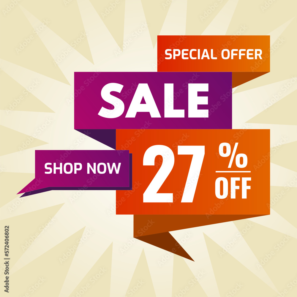 special offer sale buy now 27 percent off purple and orange
