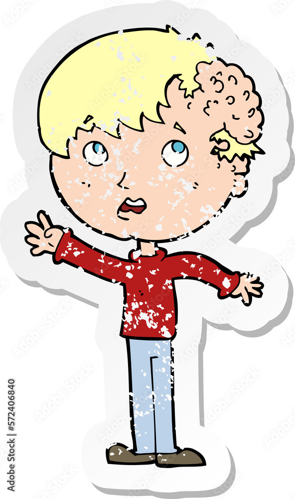 retro distressed sticker of a cartoon boy with growth on head retro distressed sticker of a cartoon boy with growth on head