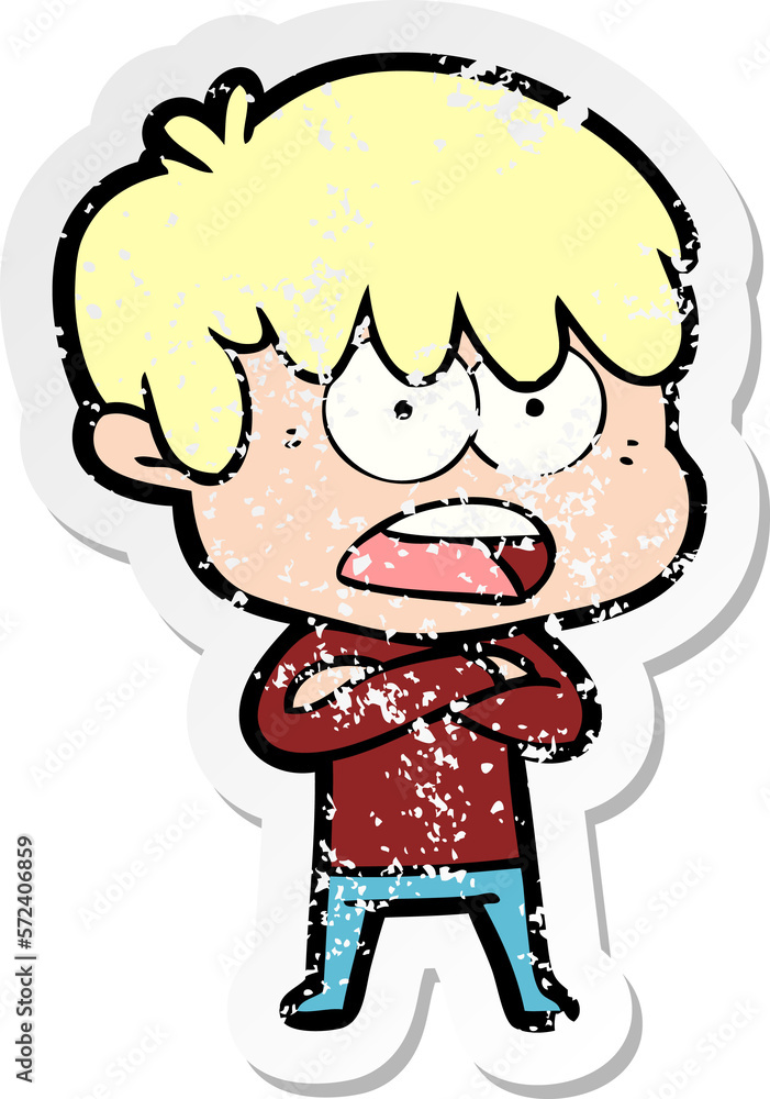 distressed sticker of a worried cartoon boy distressed sticker of a worried cartoon boy