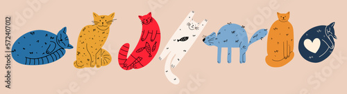 A set of funny cute cats in different poses in the style of hand drawing. Collection in different poses of pets. Vector illustration