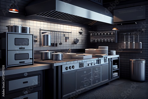 Restaurant equipment. Modern industrial kitchen. 3d illustration. Generative AI