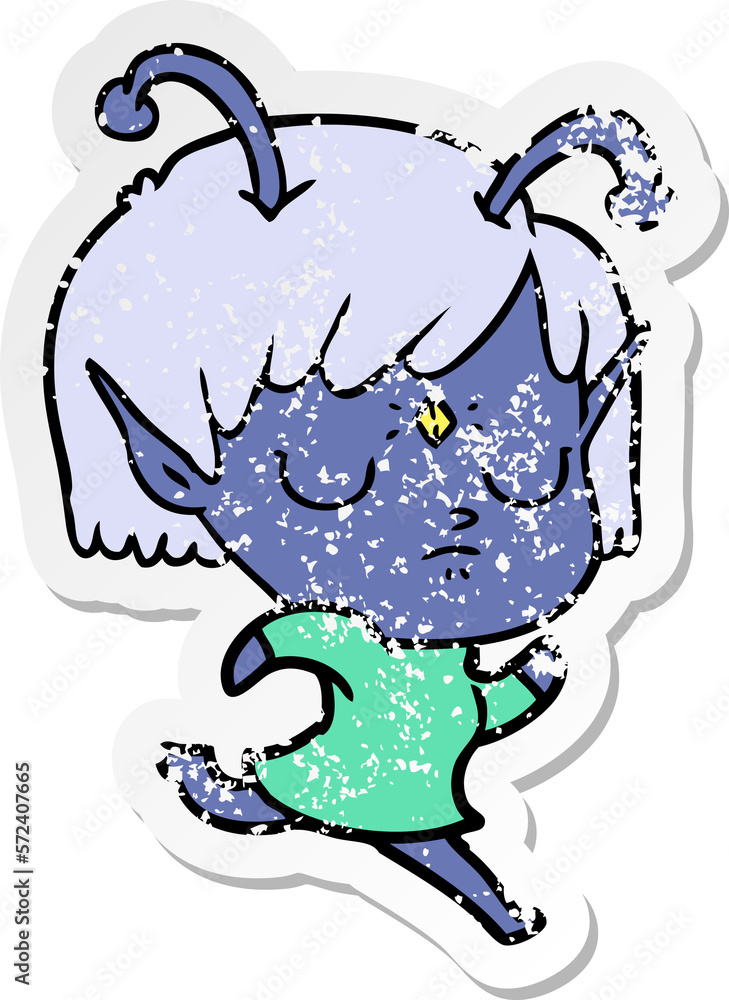distressed sticker of a cartoon alien girl distressed sticker of a cartoon alien girl