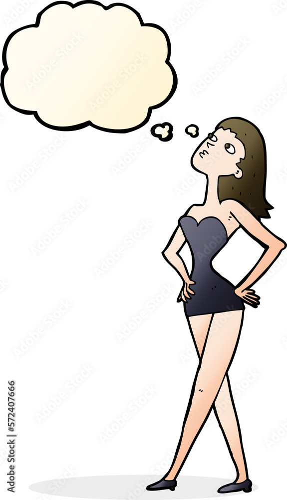 cartoon woman in party dress with thought bubble cartoon woman in party dress with thought bubble