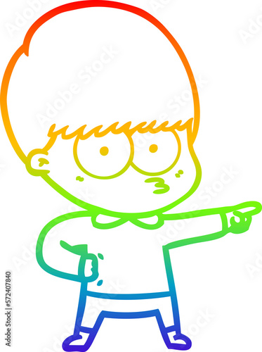 rainbow gradient line drawing nervous cartoon boy pointing