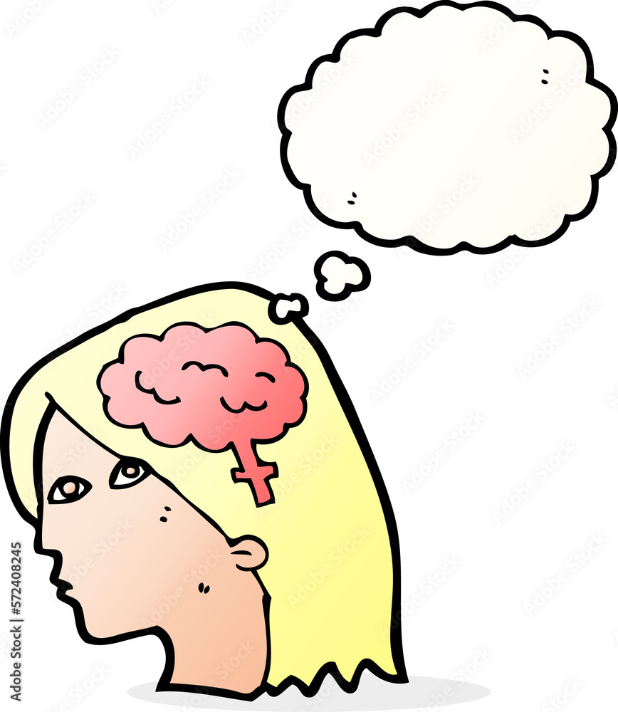 cartoon female head with brain symbol with thought bubble cartoon female head with brain symbol with thought bubble