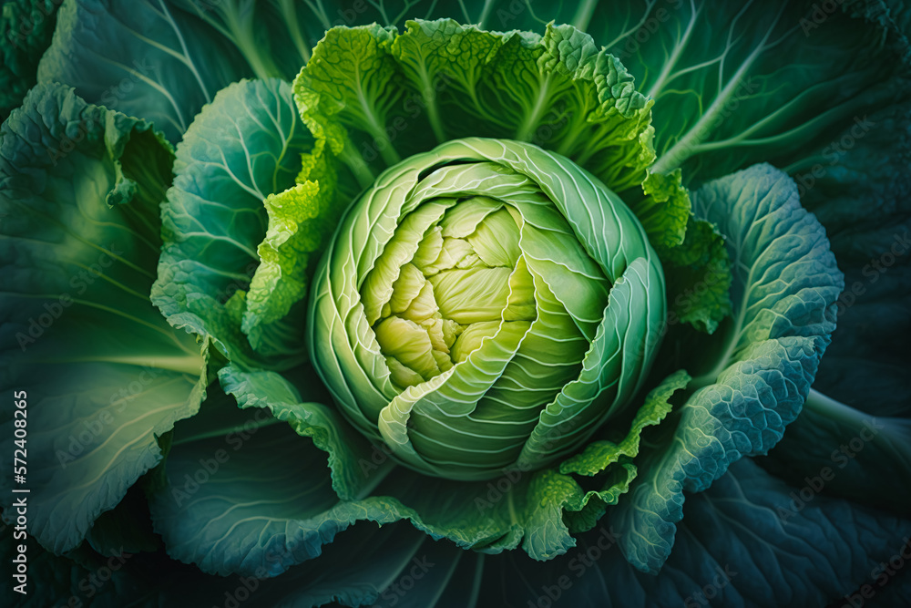 Obraz premium Fresh head of cabbage growing in the garden, large close-up. Healthy eating concept. Generative ai