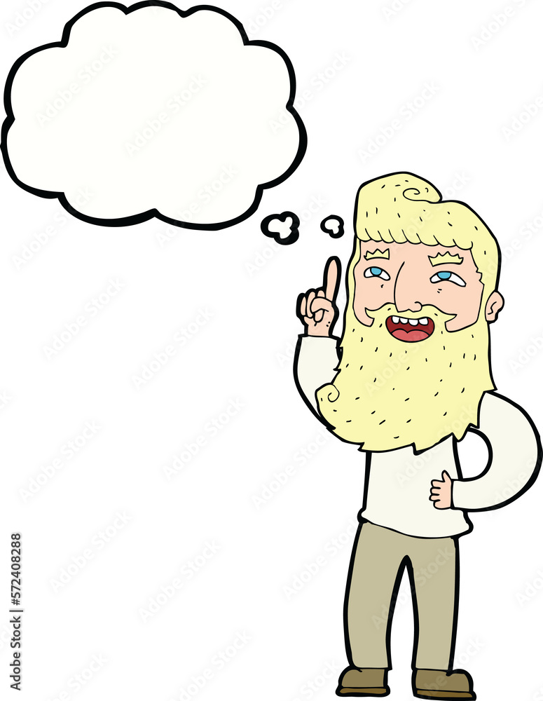 cartoon happy bearded man with idea with thought bubble cartoon happy bearded man with idea with thought bubble