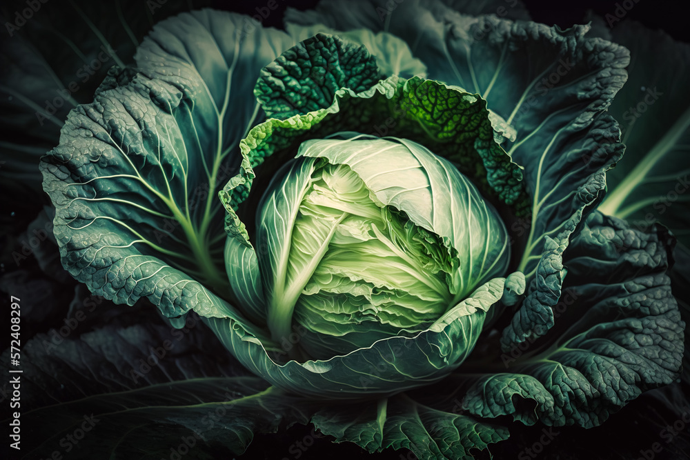 Obraz premium Fresh head of cabbage growing in the garden, large close-up. Healthy eating concept. Generative ai