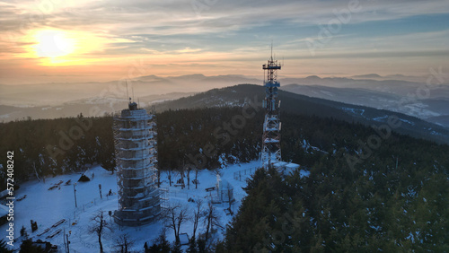 Aerial view of Wielka Sowa (Great Owl) during sunset - highest peak of the Owl Mountains in Central Sudetes, Poland photo