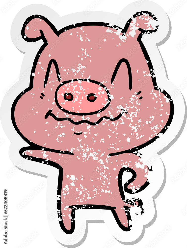 distressed sticker of a nervous cartoon pig distressed sticker of a nervous cartoon pig