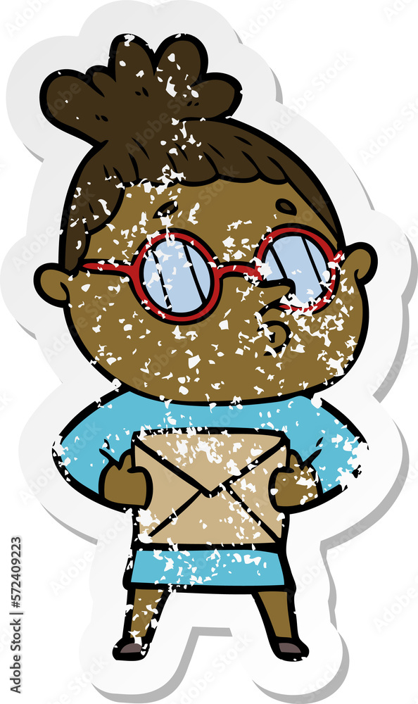 distressed sticker of a cartoon woman wearing glasses distressed sticker of a cartoon woman wearing glasses