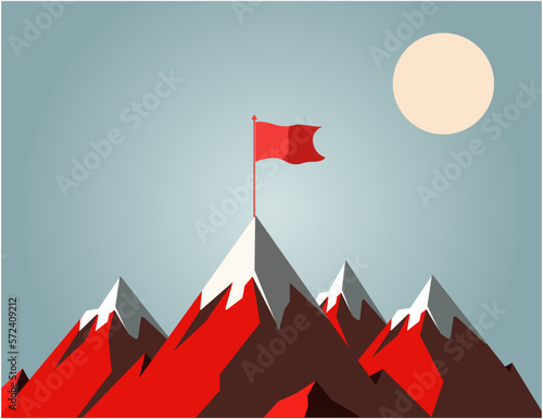 vector illustration of a mountain chasm scene with a red flag. concept of a goal.