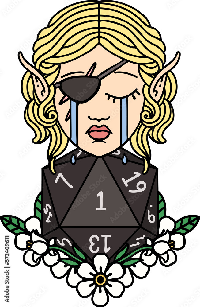 crying elf rogue character face with natural one D20 roll illustration crying elf rogue character face with natural one D20 roll illustration