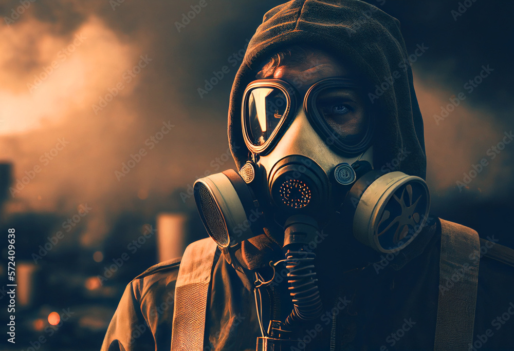 Gas mask on a man's face in Smog with smoke. Environmental disaster and Air pollution. Global warming and Hazard polluted. Nuclear explosion and chemical weapons poisoning in war. Ai Generative Gas mask on a man's face in Smog with smoke. Environmental disaster and Air pollution. Global warming and Hazard polluted. Nuclear explosion and chemical weapons poisoning in war. Ai Generative