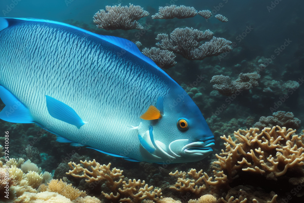 Underwater coral reef landscape with fish, generative ai, in the deep blue ocean with colorful marine life Underwater coral reef landscape with fish, generative ai, in the deep blue ocean with colorful marine life