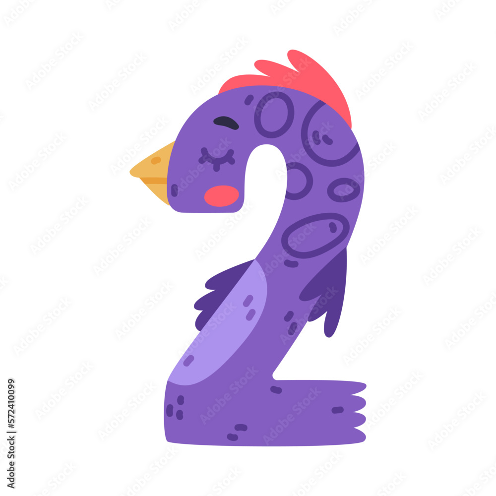 2 bird number. Two purple numeral with eyes, beak and wings cute cartoon vector illustration 2 bird number. Two purple numeral with eyes, beak and wings cute cartoon vector illustration