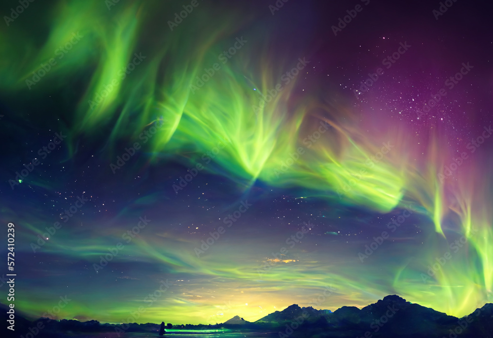 Northern lights over the sea, snowy mountains in aurora Polaris night. Starry sky during northern lights on lofoten islands. Norway arctic aurora Polaris landscape. Aurora borealis AI Generative.
