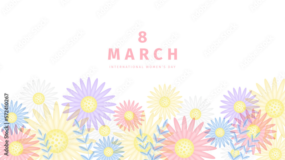 International women's day banner. Colored daisy flowers and leaves on white background
