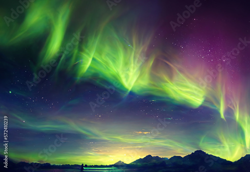 Northern lights over the sea  snowy mountains in aurora Polaris night. Starry sky during northern lights on lofoten islands. Norway arctic aurora Polaris landscape. Aurora borealis AI Generative.