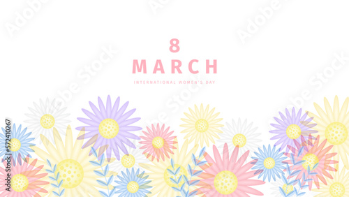 International women s day banner. Colored daisy flowers and leaves on white background