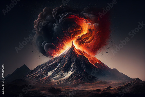 Volcanic eruptions landscape. Volcano magma at mountain Island. Volcano crater lava eruption. Lava crater with magma. Vulcanus view at night. Active Volcano with red Lava in Iceland. AI Generative photo