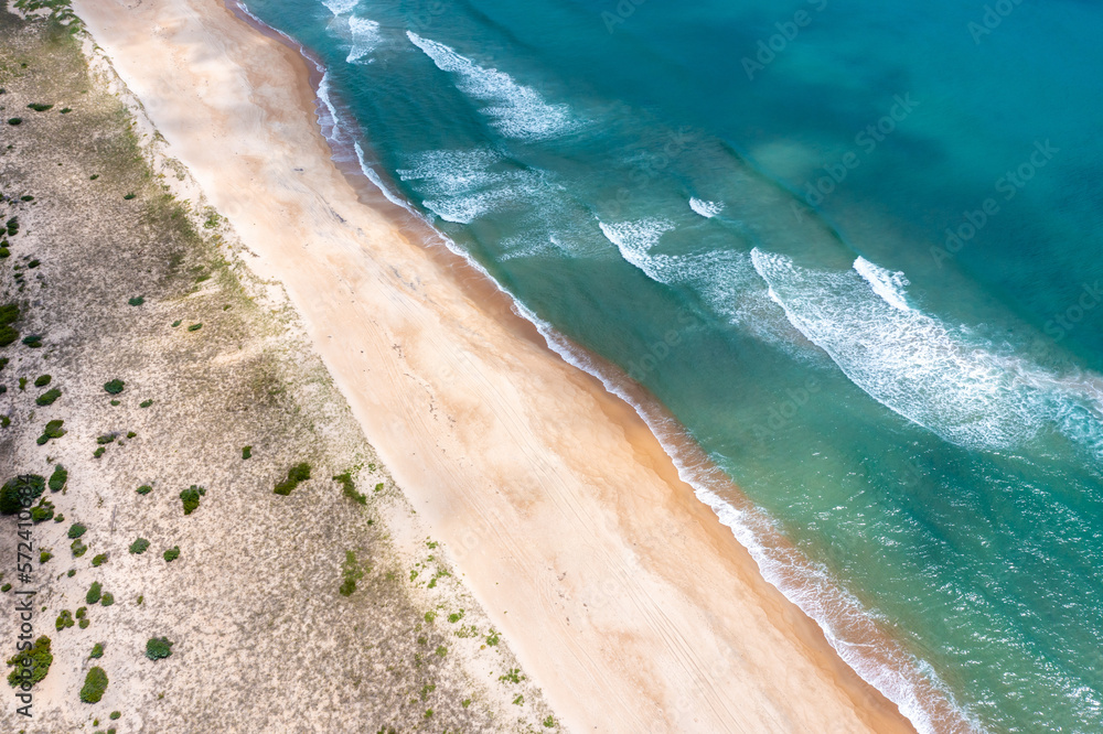 Aerial View of Undeveloped Beach and Waves Breaking on Hatteras Island in North Carolina