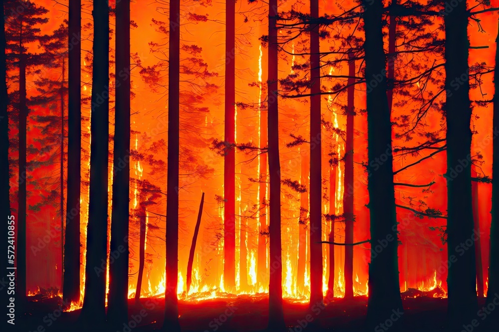 Intense flames from a massive forest fire, generative ai. Flames light up the evening as they rage thru pine forests and sage brush