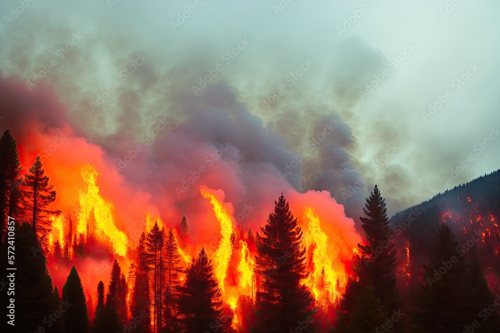 Fototapeta premium Intense flames from a massive forest fire, generative ai. Flames light up the evening as they rage thru pine forests and sage brush