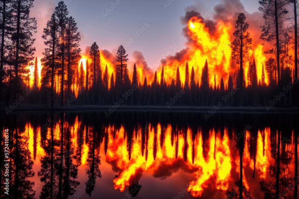 Intense flames from a massive forest fire, generative ai. Flames light up the evening as they rage thru pine forests and sage brush - obrazy, fototapety, plakaty 