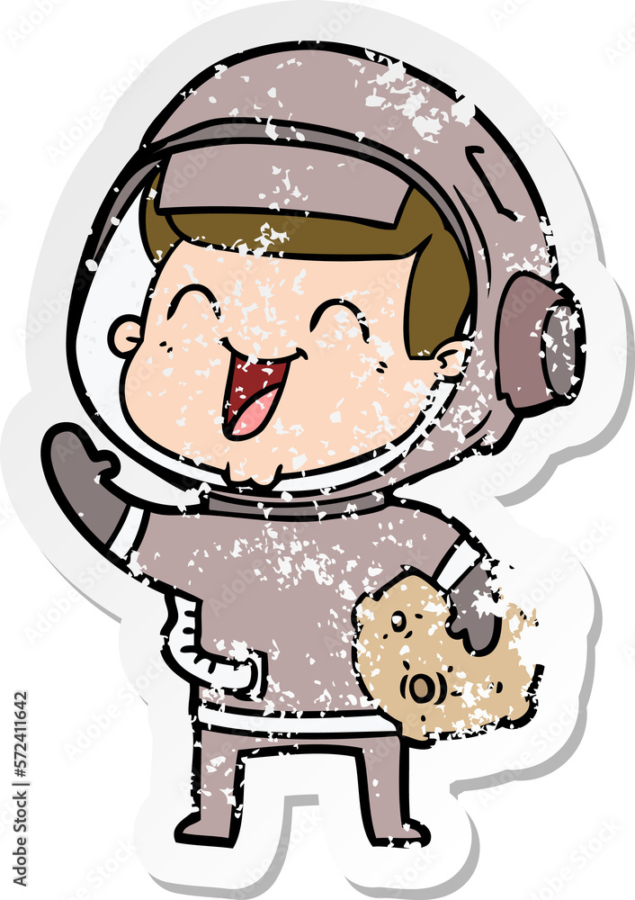 distressed sticker of a happy cartoon astronaut