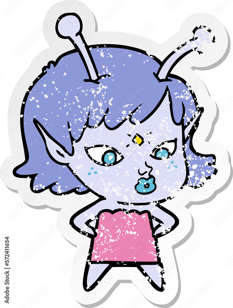 distressed sticker of a pretty cartoon alien girl
