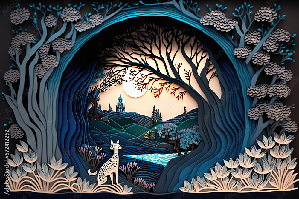 Paper Quilling Mystical Scenic with a Cat Background Paper Quilling