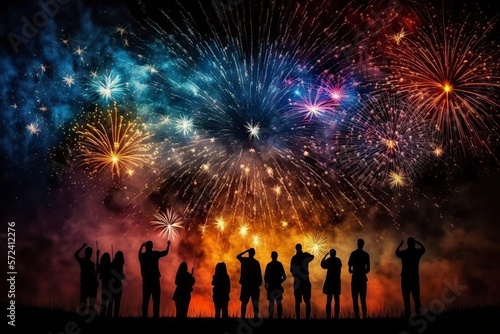 illustration, a fireworks display inside a big festival, ai generative