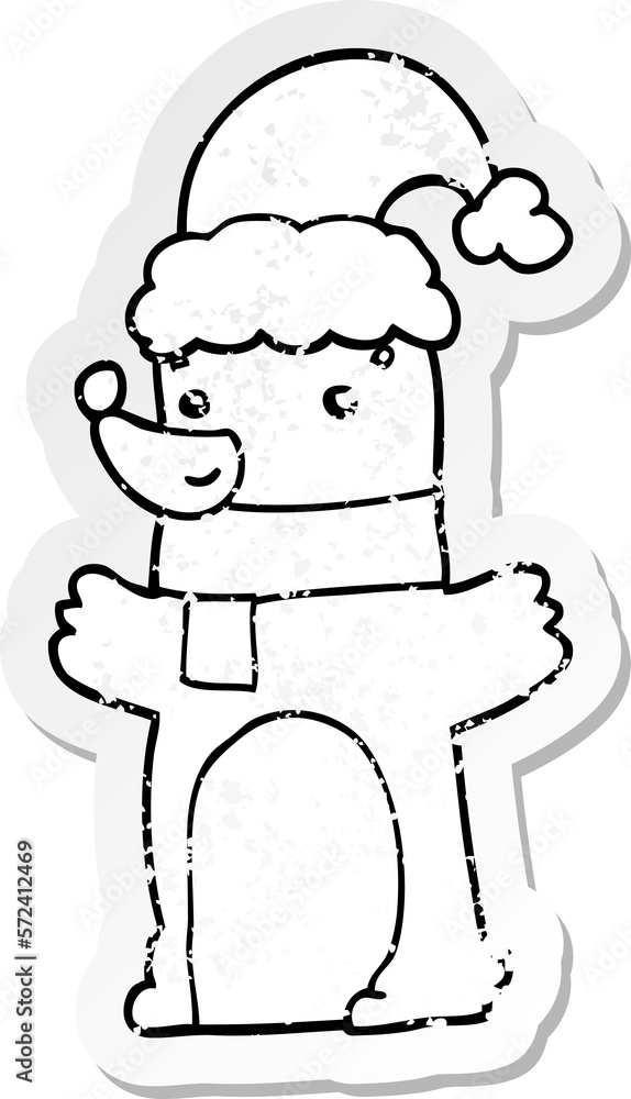 distressed sticker of a cartoon bear wearing christmas hat