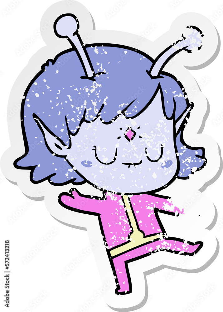 distressed sticker of a cartoon alien girl distressed sticker of a cartoon alien girl