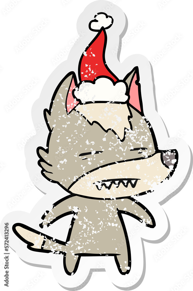 distressed sticker cartoon of a wolf showing teeth wearing santa hat distressed sticker cartoon of a wolf showing teeth wearing santa hat